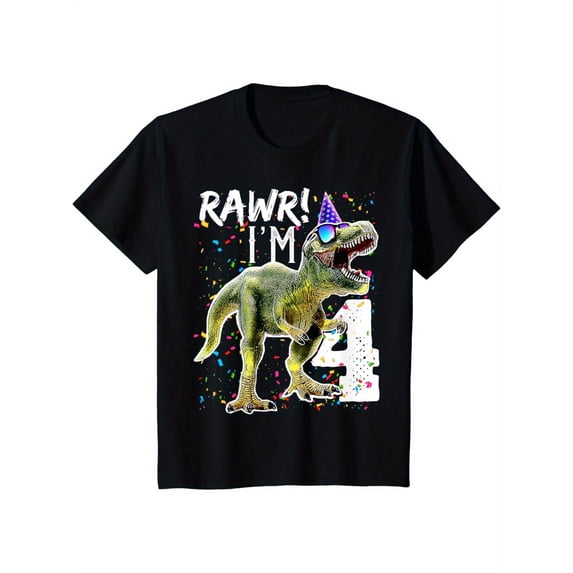 children’s wear Funny Roaring T-Rex Dinosaur 4th Birthday Party T-Shirt for Kids, Awesome Rawr I'm 4 Dino Top for Boys Girls Toddler