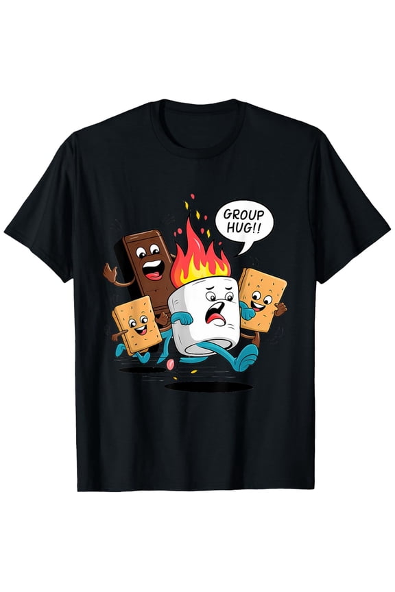 children’s wear Funny S'mores Group Hug Cartoon T-Shirt for Kids, Cute Retro Camping Graphic Tee for Boys and Girls, Marshmallow Chocolate Humor Shirt