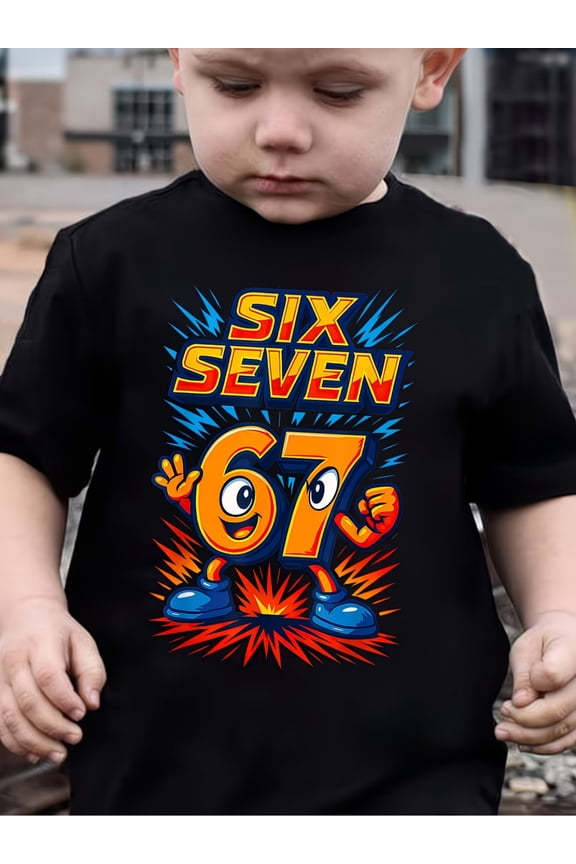 children’s wear Funny SIX SEVEN Number 67 Graphic T-Shirt for Boys and Toddler Kids, Cute Black Short Sleeve Retro Birthday Tee