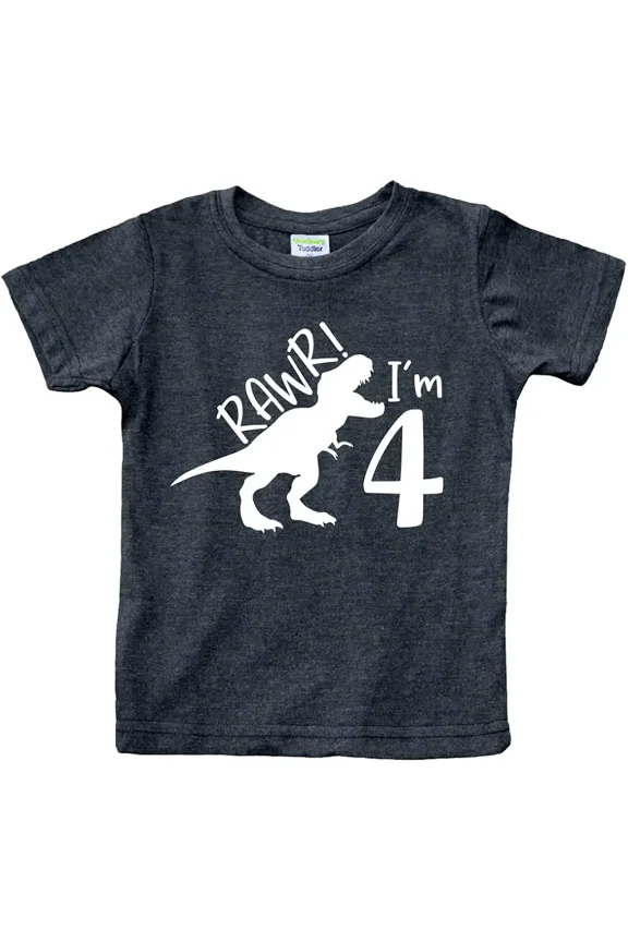 children’s wear Funny T-Rex Dinosaur RAWR I'm 4 Birthday Graphic T-Shirt for Toddler Boys and Girls, Cute 4th Birthday Kids Cotton Tee, Charcoal Grey