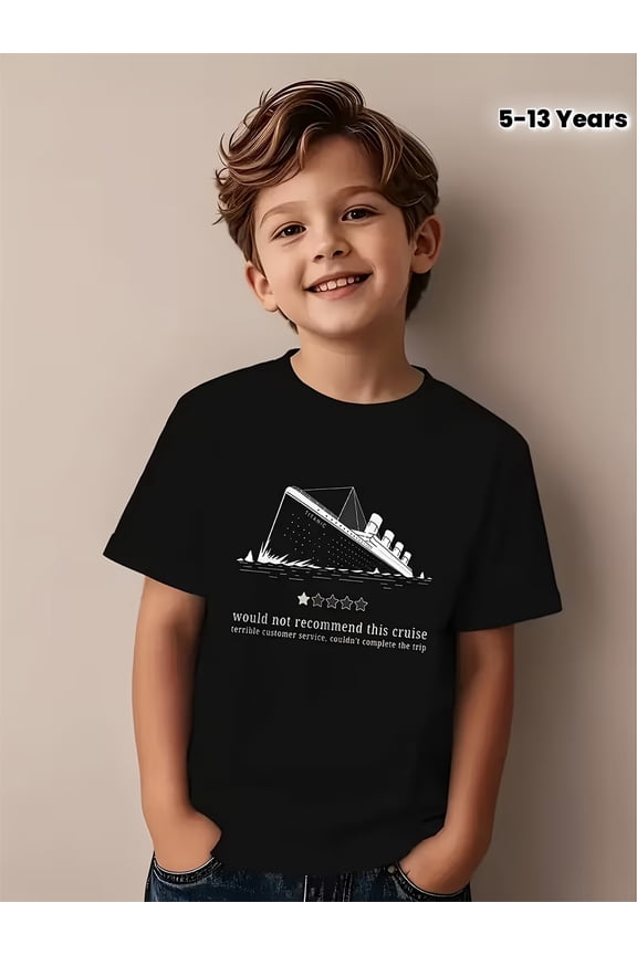 children’s wear Funny Titanic Sinking Ship Cruise Review Graphic T-Shirt for Boys, Humorous Terrible Customer Service Kids Top