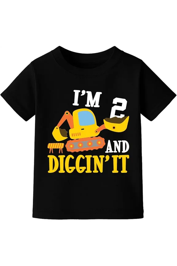 children’s wear Funny Toddler Boys 2nd Birthday Excavator T-Shirt, Cute I'm 2 and Diggin' It Construction Graphic Tee for Kids