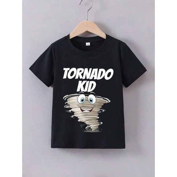 children’s wear Funny Tornado Kid Graphic T-Shirt for Boys and Girls, Cute Cartoon Weather Short Sleeve Cotton Tee for Kids, Black Casual Summer Top