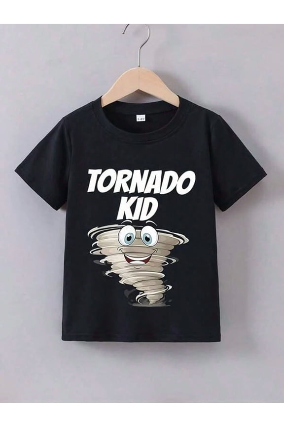 children’s wear Funny Tornado Kid Graphic T-Shirt for Boys and Girls, Cute Cartoon Weather Short Sleeve Cotton Tee for Kids, Black Casual Summer Top