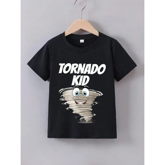 children’s wear Funny Tornado Kid Graphic T-Shirt for Boys and Girls, Cute Cartoon Weather Short Sleeve Cotton Tee for Kids, Black Casual Summer Top
