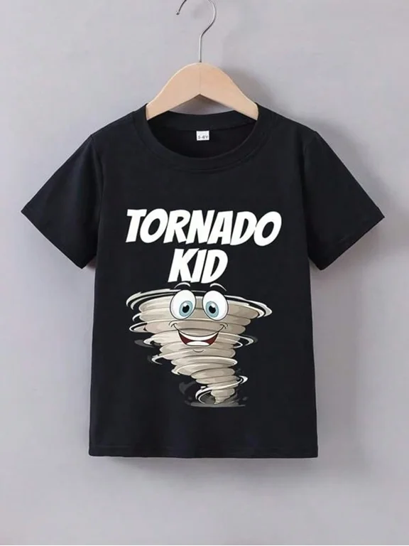 children’s wear Funny Tornado Kid Graphic T-Shirt for Boys and Girls, Cute Cartoon Weather Short Sleeve Cotton Tee for Kids, Black Casual Summer Top
