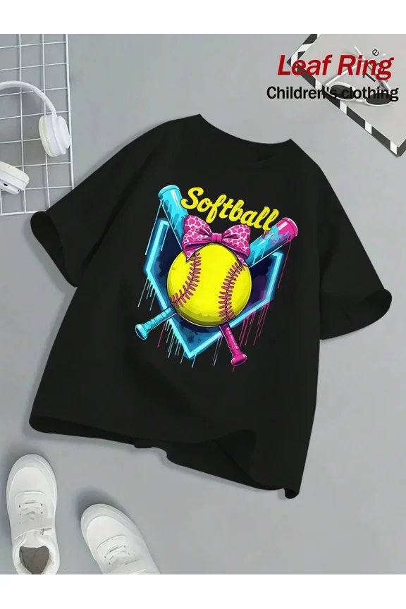 children's wear Girls Softball Graphic T-Shirt Short Sleeve Kids Sports Tee Black