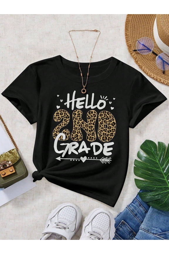 children’s wear Hello 2nd Grade Leopard Print Back to School T-Shirt for Girls, Cute Retro Short Sleeve Kids Graphic Tee
