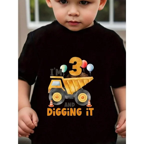children’s wear I'm 3 and Digging It 3rd Birthday Construction Dump Truck Toddler Boys Kids Graphic T-Shirt Retro Black Short Sleeve Tee