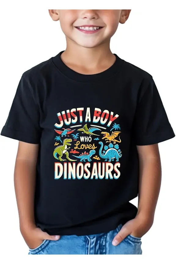 children’s wear Just A Boy Who Loves Dinosaurs Retro Graphic T-Shirt for Kids and Toddler Boys Cute Colorful T-Rex Dino Shirt