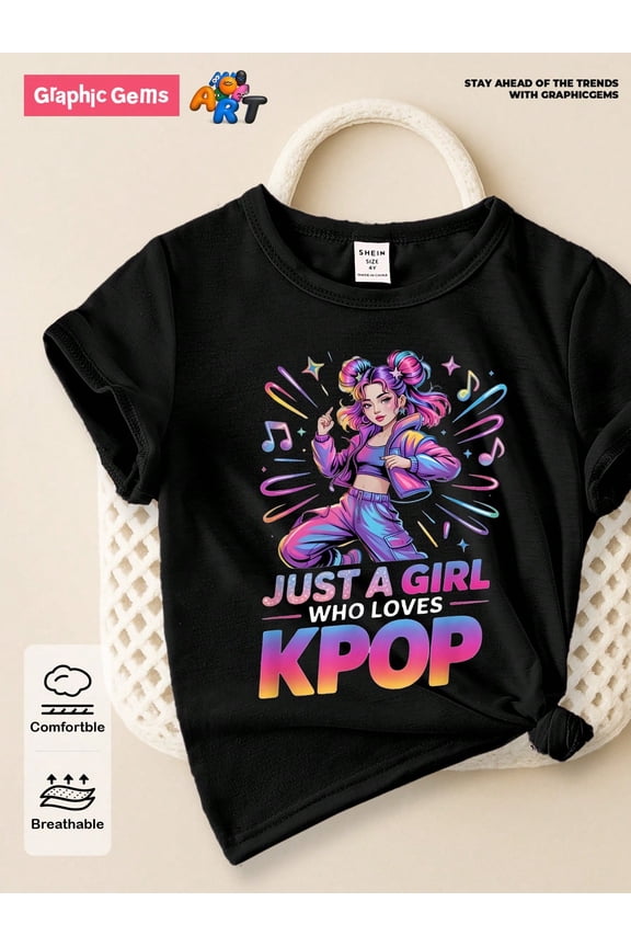 children’s wear Just A Girl Who Loves Kpop Cute Graphic Tee for Girls, Retro Colorful Music Dance Kids Short Sleeve T-Shirt