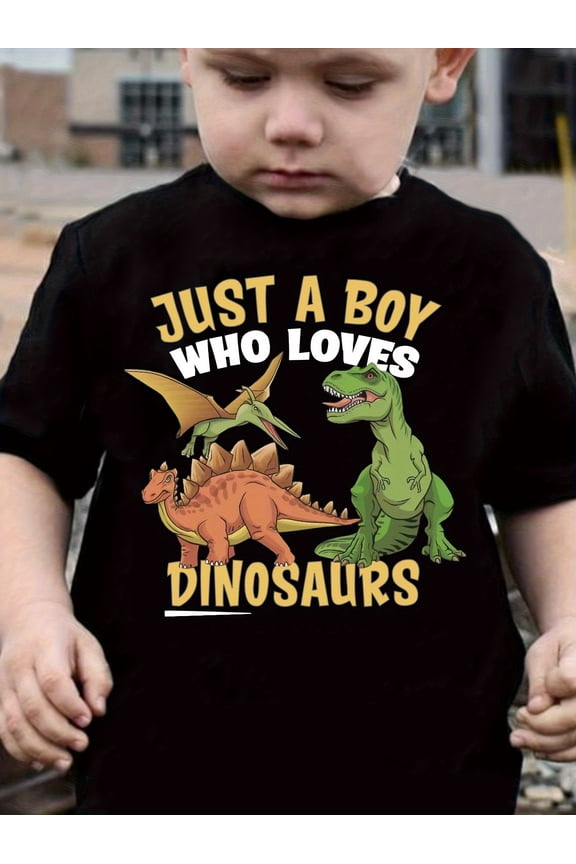children’s wear Just A Boy Who Loves Dinosaurs Retro Graphic T-Shirt for Boys, Cute Toddler T-Rex Stegosaurus Pterodactyl Short Sleeve Tee, Kids Dinosaur Lover Cotton Fashion Top