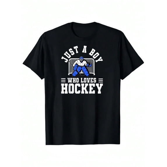 children’s wear Just a Boy Who Loves Hockey T-Shirt, Funny Ice Hockey Goalie Graphic Tee for Boys, Cute Sports Apparel for Kids and Toddlers, Retro Black Cotton Top