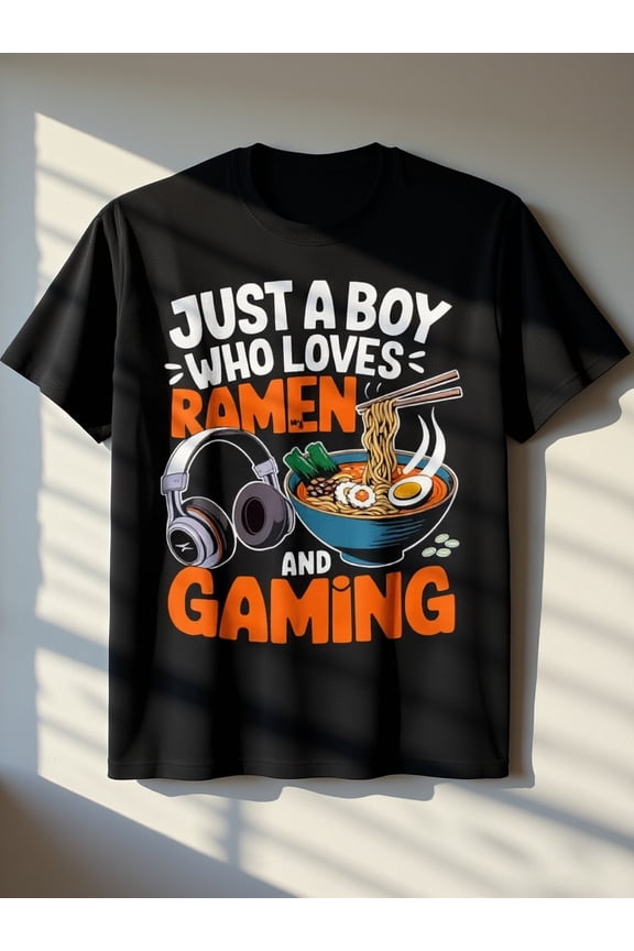 children’s wear Just a Boy Who Loves Ramen and Gaming Funny Graphic T-Shirt for Boys, Cute Noodles & Video Game Tee for Kids