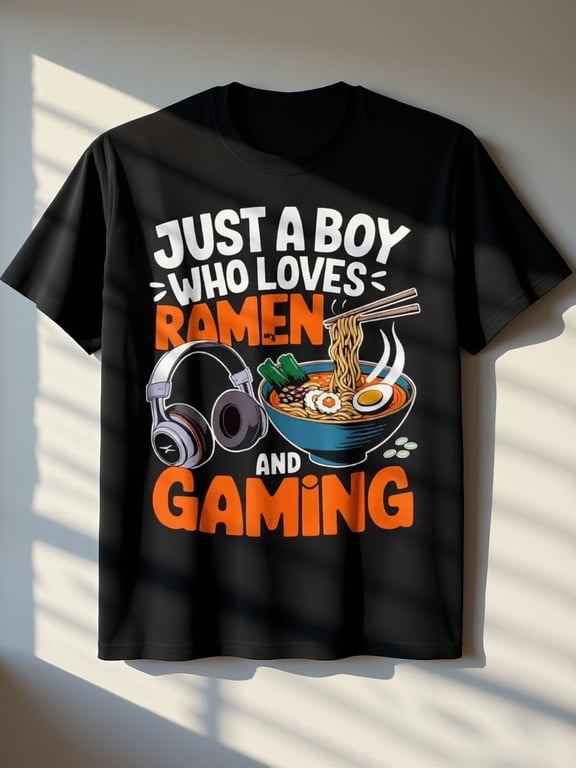 children’s wear Just a Boy Who Loves Ramen and Gaming Funny Graphic T-Shirt for Boys, Cute Noodles & Video Game Tee for Kids