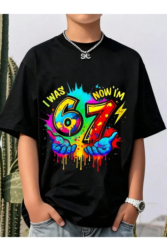 children’s wear Kids 7th Birthday Shirt Boys Girls Colorful Graffiti Paint Splatter Graphic Tee I Was 6 Now I'm 7 Funny Birthday Gift Top