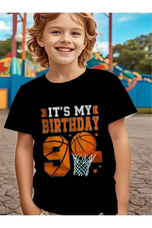 children’s wear Kids Boys 9th Birthday Basketball T-Shirt Funny Retro Sports Graphic Tee Gift for 9 Year Old Child