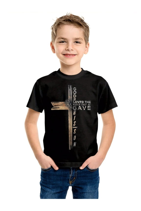 children’s wear Kids Christian Bible Verse T-Shirt John 3:16 Cross Graphic Tee for Boys and Girls Retro Faith Based Apparel