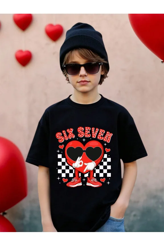 children's wear Kids Heart Graphic Black T-Shirt Casual Short Sleeve Top for Boys