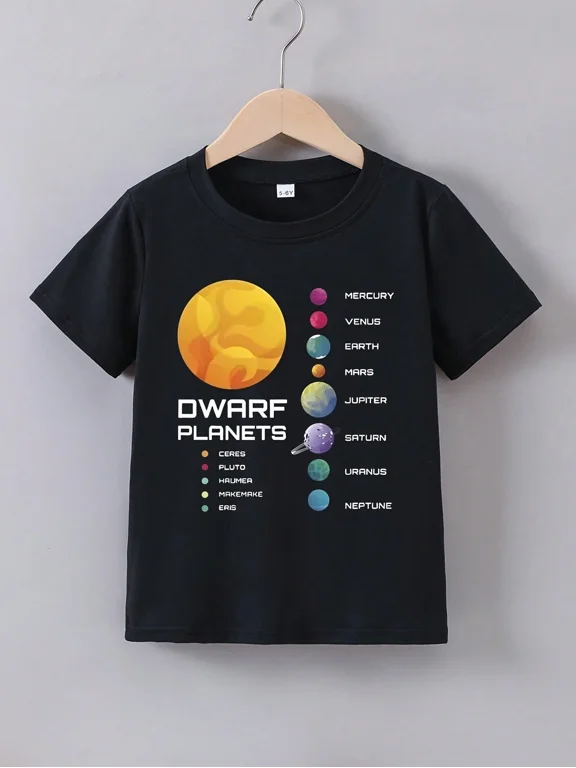 children’s wear Kids Solar System Dwarf Planets Educational Science Graphic T-Shirt, Cute Outer Space Astronomy Black Cotton Tee for Boys and Girls