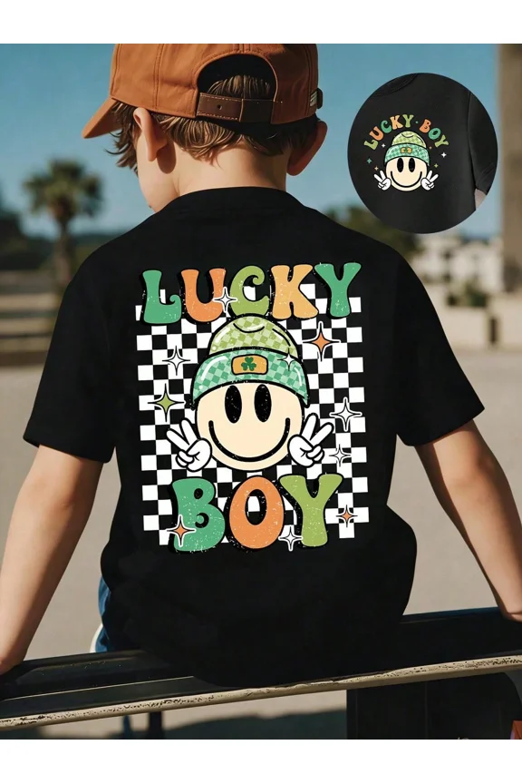children’s wear Lucky Boy St. Patrick's Day T-Shirt for Boys Retro Checkered Smiley Face Graphic Tee Toddler Kids Green Shamrock Clover Top