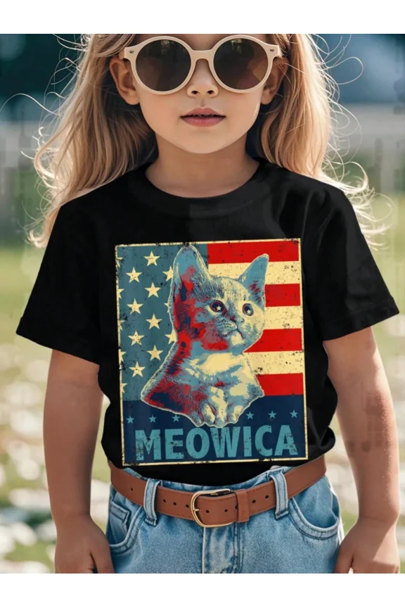 children’s wear Meowica Funny Cat American Flag Patriotic Retro Vintage Graphic T-Shirt for Girls Toddler Kids