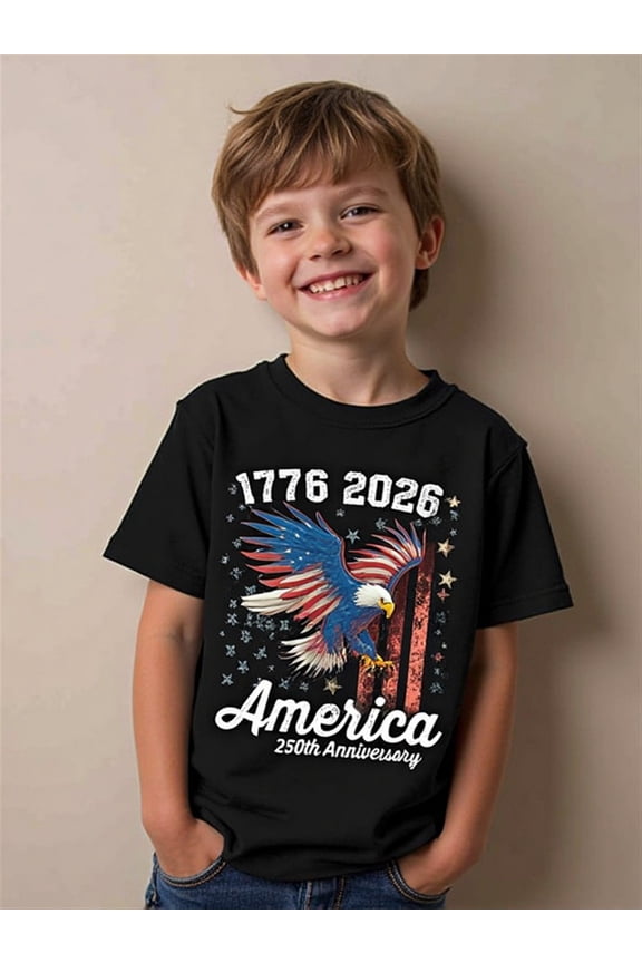 children’s wear Patriotic America 250th Anniversary Bald Eagle USA Flag Black Graphic T-Shirt for Boys and Girls Kids 1776-2026 Retro Tee