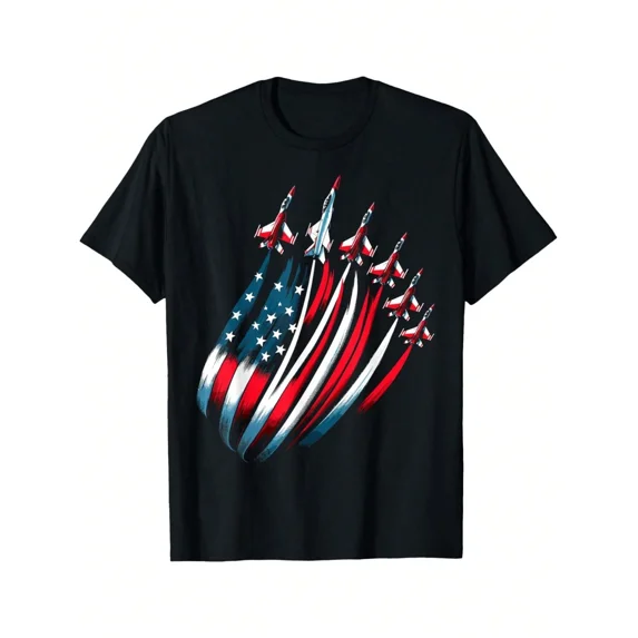 children’s wear Patriotic American Flag Fighter Jet Graphic T-Shirt for Kids Boys, Retro USA Military Airplane Independence Day Tee