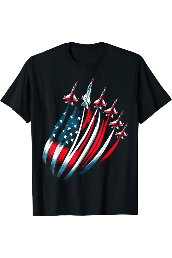 children’s wear Patriotic American Flag Fighter Jet Graphic T-Shirt for Kids Boys, Retro USA Military Airplane Independence Day Tee