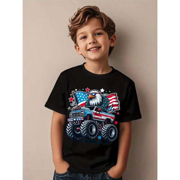 children’s wear Patriotic Monster Truck Eagle American Flag Graphic T-Shirt for Boys Kids Toddler Retro USA Fourth of July Cotton Tee