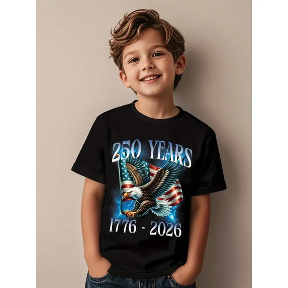 children’s wear Patriotic USA 250 Years 1776-2026 American Eagle Flag Graphic T-Shirt for Boys Kids Toddler Retro Independence Day Celebration Tee