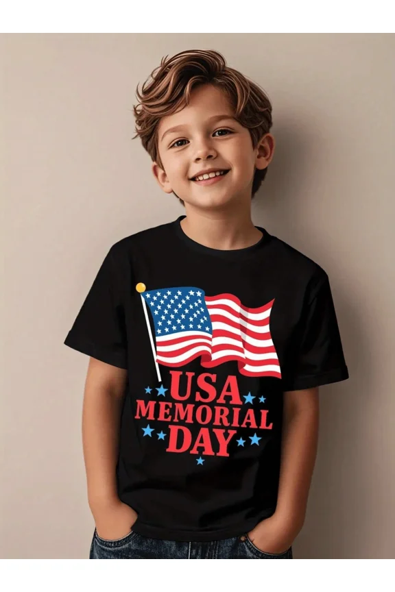 children’s wear Patriotic USA Memorial Day American Flag Kids Boys T-Shirt, Cute Red White and Blue Stars Graphic Tee for Toddler Boys