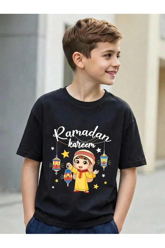 children’s wear Ramadan Kareem Kids Boys T-Shirt Cute Cartoon Lantern Graphic Islamic Eid Celebration Festive Black Cotton Tee