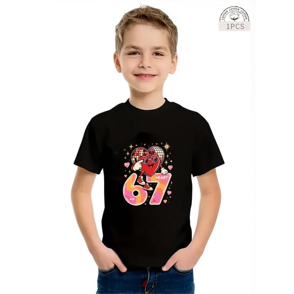 children’s wear Retro 70s Style Disco Heart Character Kids T-Shirt Funny Number 67 Graphic Tee for Boys and Toddlers Cute Black Short Sleeve Cotton Top
