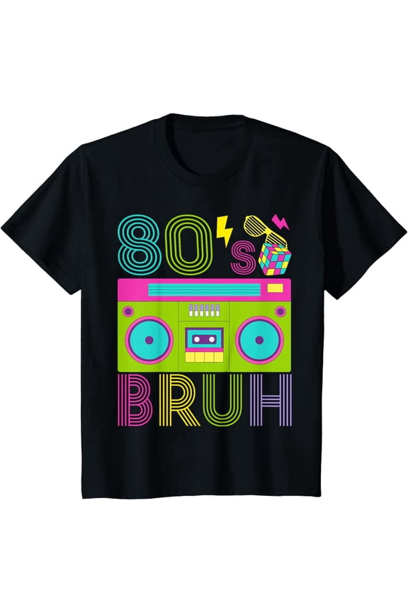 children’s wear Retro 80's Bruh Neon Boombox Graphic T-Shirt, Funny Vintage Style Casual Summer Cotton Top for Kids, Boys and Girls