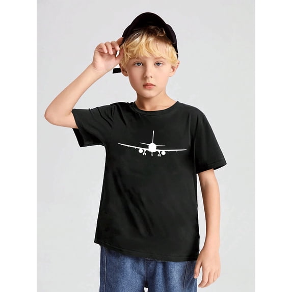 children’s wear Retro Airplane Silhouette Boys Graphic T-Shirt, Cute Aviation Pilot Kids Short Sleeve Tee, Casual Black Cotton Summer Top for Toddler Boys