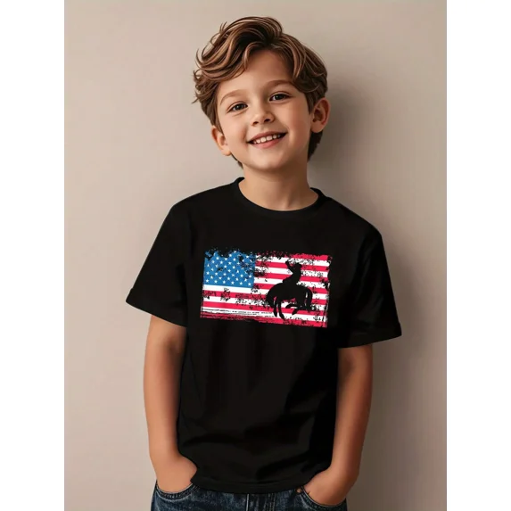 children’s wear Retro American Flag Cowboy Rodeo Boys T-Shirt Patriotic Distressed Western Graphic Tee for Kids
