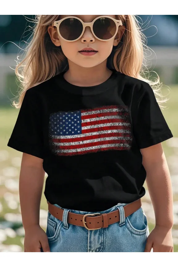 children’s wear Retro American Flag Patriotic T-Shirt for Girls, Vintage Distressed USA Flag Graphic Tee for Kids, Fourth of July Summer Casual Toddler Top