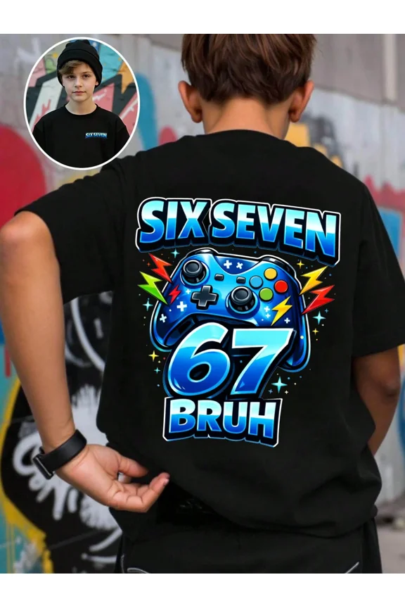 children’s wear Retro Blue Video Game Controller Graphic T-Shirt for Boys Kids Funny Six Seven 67 Bruh Gamer Tee