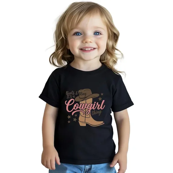 children’s wear Retro Boots and Bling It's a Cowgirl Thing Toddler Girls Black Graphic T-Shirt, Cute Western Kids Short Sleeve Tee Child Summer Clothes