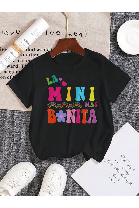 children’s wear Retro Colorful La Mini Mas Bonita Graphic T-Shirt for Girls, Cute Spanish Quote Toddler Short Sleeve Summer Cotton Top