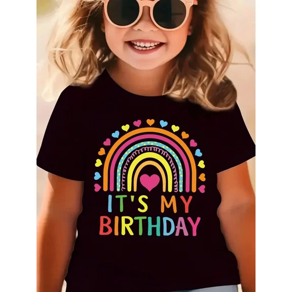children’s wear Retro Colorful Rainbow It's My Birthday Graphic T-Shirt for Toddler Girls, Cute Heart Birthday Party Celebration Tee for Kids