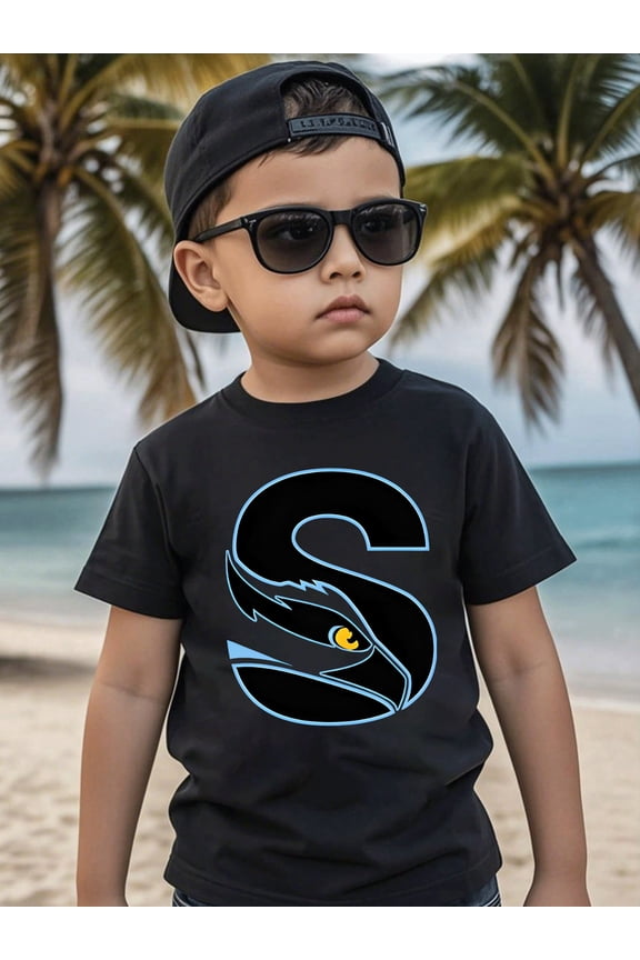 children’s wear Retro Cool Black Graphic T-Shirt for Boys Kids Toddler Short Sleeve Summer Beach Tee with Stylized Hawk Letter S Design
