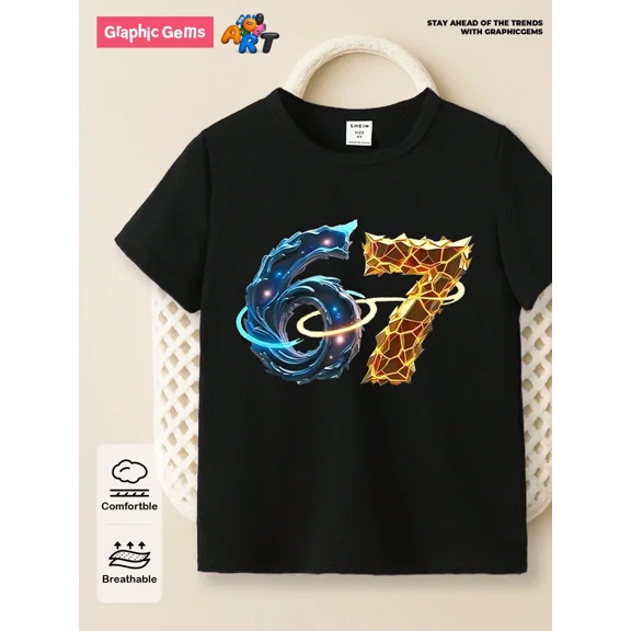 children’s wear Retro Cool Number 67 Graphic T-Shirt for Kids Boys Girls, Toddler Black Short Sleeve Breathable Cotton Tee