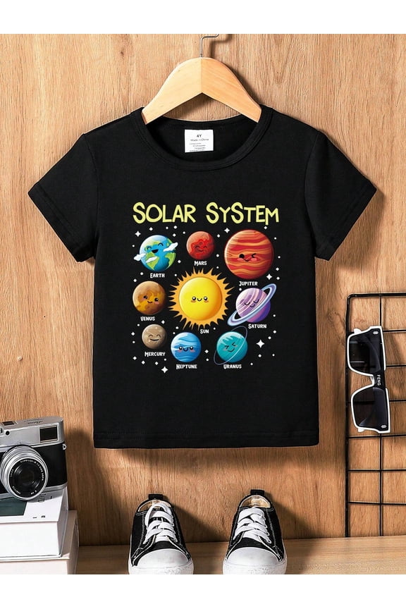 children’s wear Retro Cute Solar System Planets Space Science Graphic T-Shirt for Kids Boys Girls Toddler Short Sleeve Black Tee