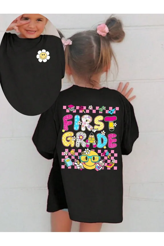 children’s wear Retro First Grade Girls T-Shirt Back to School Kids Graphic Tee Colorful Leopard Print Checkered Smiley Face Toddler Shirt