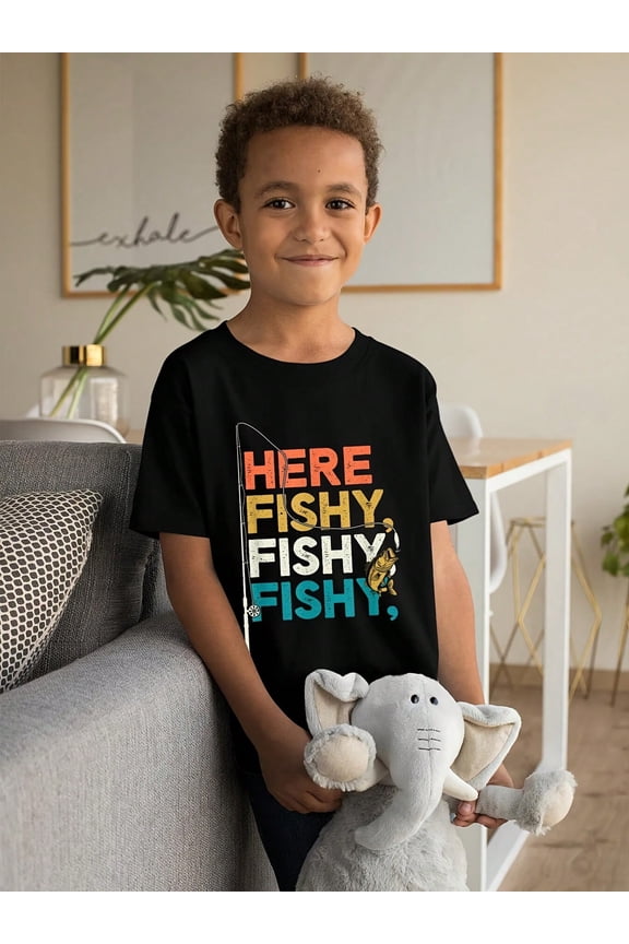 children’s wear Retro Funny Here Fishy Fishy Fishy Fishing Graphic T-Shirt for Boys Kids Cute Fisherman Short Sleeve Cotton Tee