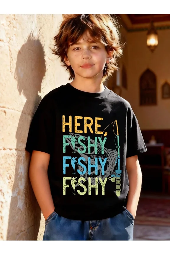 children’s wear Retro Funny Here Fishy Fishy Fishy Fishing Graphic T-Shirt for Boys Kids Toddler Cotton Short Sleeve Tee