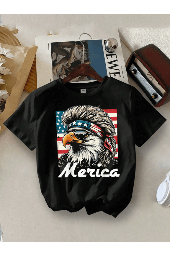 children’s wear Retro Funny Merica Eagle Mullet American Flag Patriotic Graphic T-Shirt for Boys and Girls Kids Toddler 4th of July Summer Casual Tee