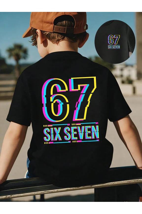 children’s wear Retro Glitch Style Number 67 Graphic T-Shirt for Kids Boys Girls, Cute Neon Colorful Short Sleeve Casual Summer Top for Toddler Child